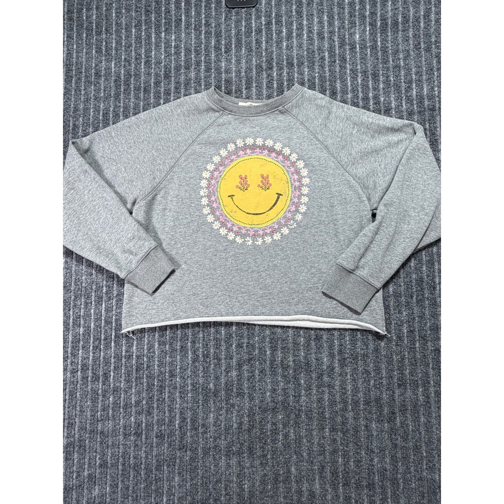 Natural Life Sweatshirt Small Smiley Face Floral Raw Hem Crop Boho Hippie Casual